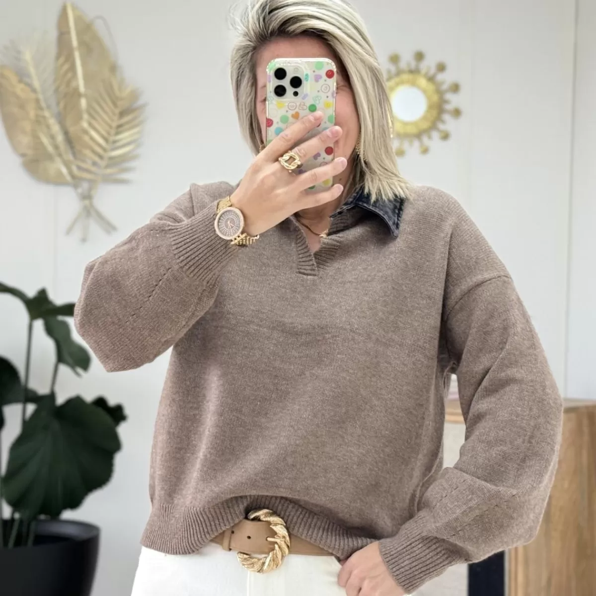 Pull col jeans taupe<Le Dressing de Sarah D Store
